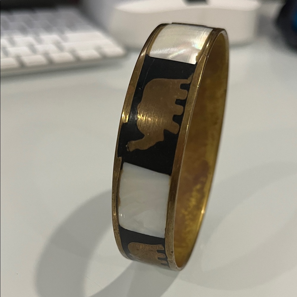 Vintage brass Elephant Bangle with mother of pearl Gold and Black  Bangle.